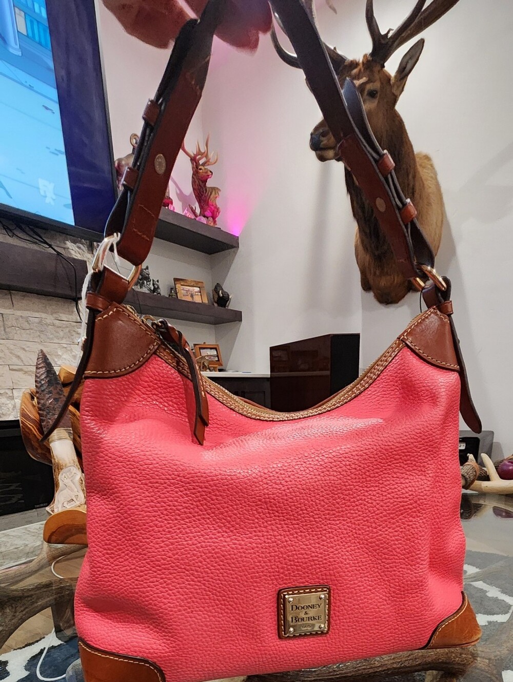 Dooney & Bourke Coral Pink Pebbled Leather Shoulder Hobo with Brown Trim